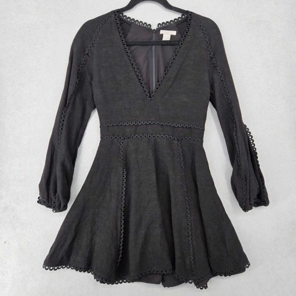 H&M Women Size XXS Dress Black Long Sleeve V-Neck Eyelet Trim Fit & Flare Mini